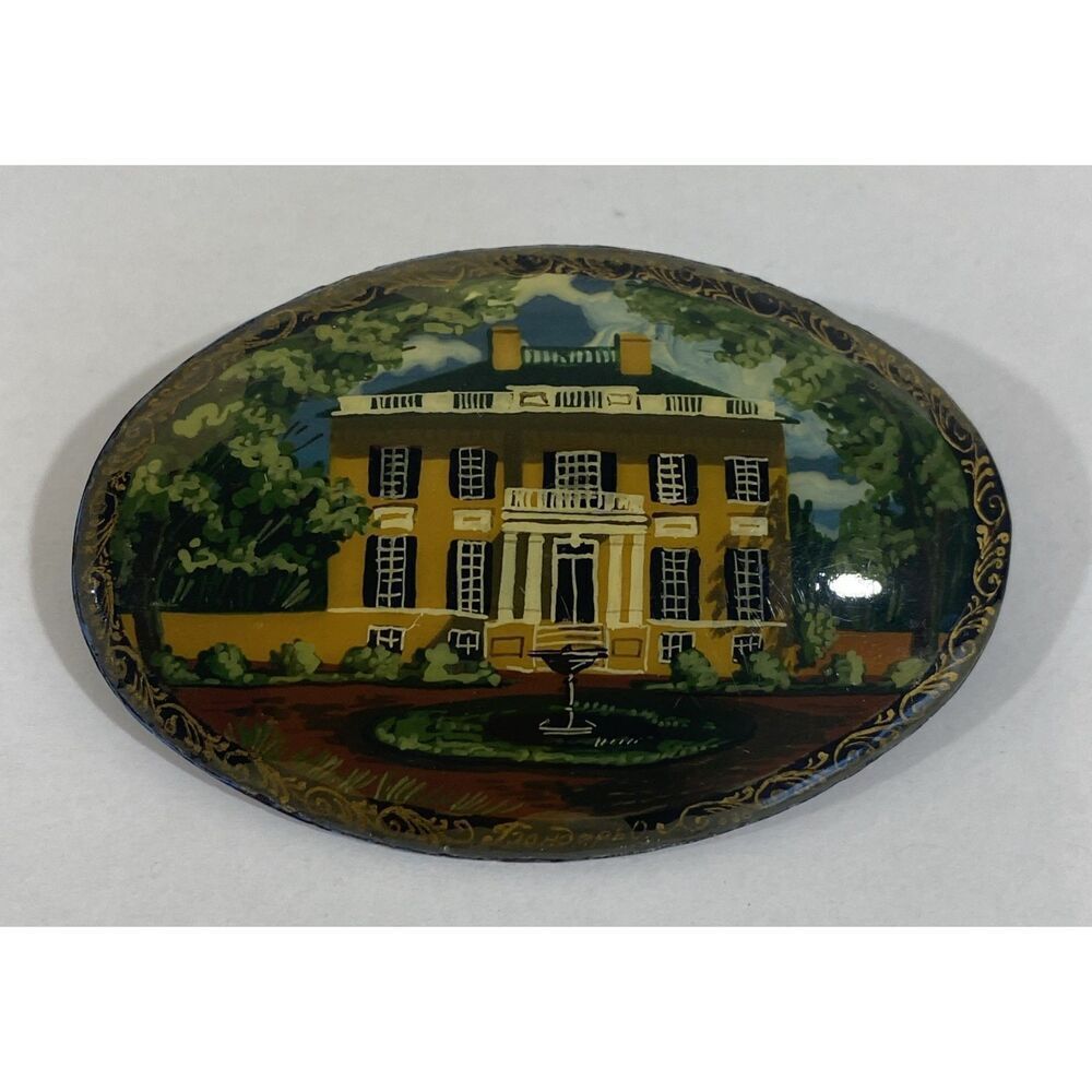 Vintage Handpainted Russian‎ Miniature Scene Landscape Brooch With House 2.5”